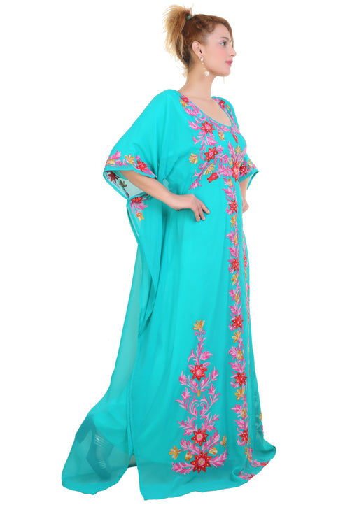 Sea Green Aari Stone Work Georgette Islamic Style Beads Embedded Partywear Kaftan Long Gown Evening wear Dubai kaftan