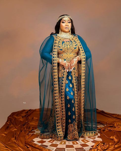 Grand Teal Blue Layered Kaftan Dress with Gold Aari Work | Luxury Party & Event Wear
