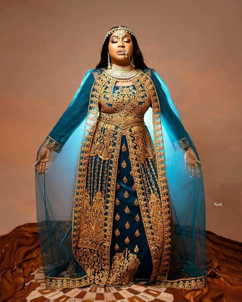 Grand Teal Blue Layered Kaftan Dress with Gold Aari Work | Luxury Party & Event Wear
