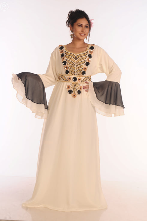 Off White Georgette Aari Work Kaftan