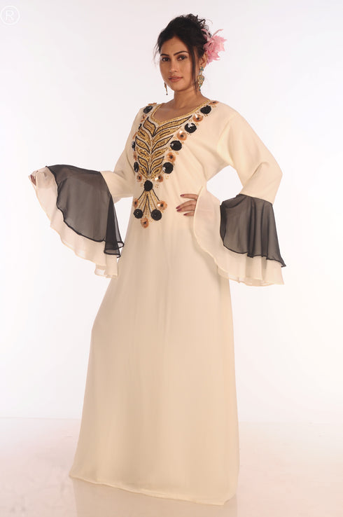 Off White Georgette Aari Work Kaftan