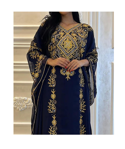 Navy Blue Georgette Aari Work Wedding Kaftan