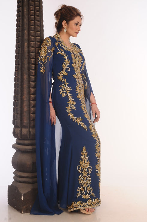 Blue Kaftan Dubai Moroccan Farasha Abaya Maxi Modern Fancy Floor Length Dress