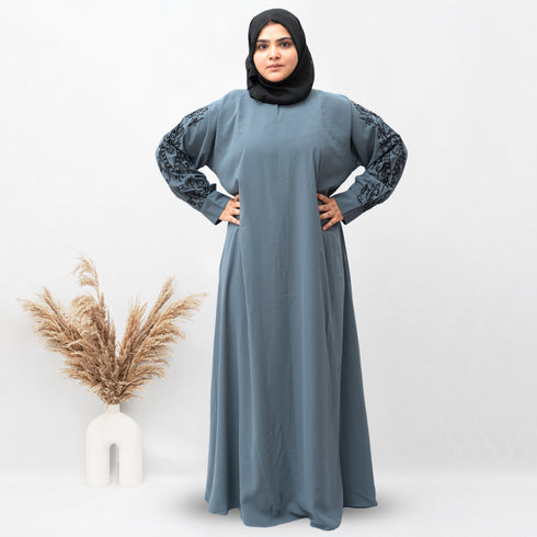 Full Sleeves Black Embroidery Abaya in Grey Color With Hijab
