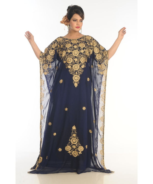 Grand Blue Moroccan Kaftan Gown with Heavy Zari and Stone Work | Luxury Wedding & Party Dress