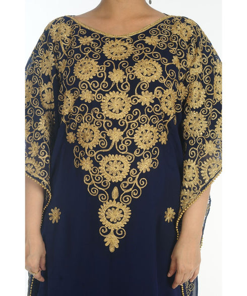 Grand Blue Moroccan Kaftan Gown with Heavy Zari and Stone Work | Luxury Wedding & Party Dress