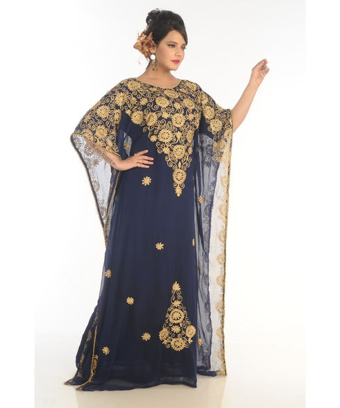Grand Blue Moroccan Kaftan Gown with Heavy Zari and Stone Work | Luxury Wedding & Party Dress