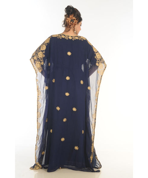 Grand Blue Moroccan Kaftan Gown with Heavy Zari and Stone Work | Luxury Wedding & Party Dress
