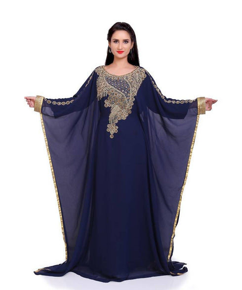 Navy-Blue Zari & Stone Gold Work stitched Georgette Designed Kaftan Party Wear