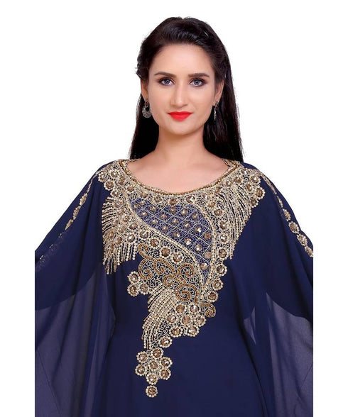 Navy-Blue Zari & Stone Gold Work stitched Georgette Designed Kaftan Party Wear
