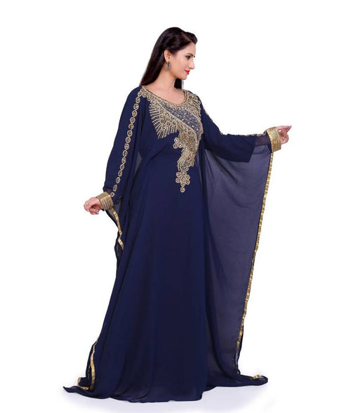 Navy-Blue Zari & Stone Gold Work stitched Georgette Designed Kaftan Party Wear
