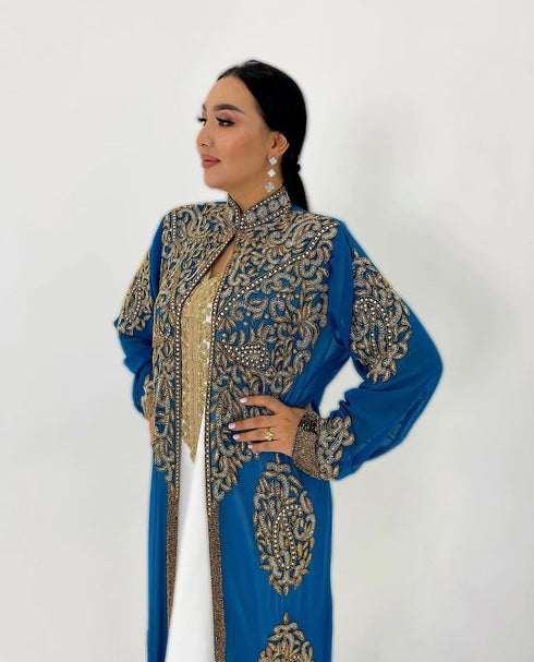 Blue And white Handcrafted Zari work Stitched Georgette Kaftan Party Dress