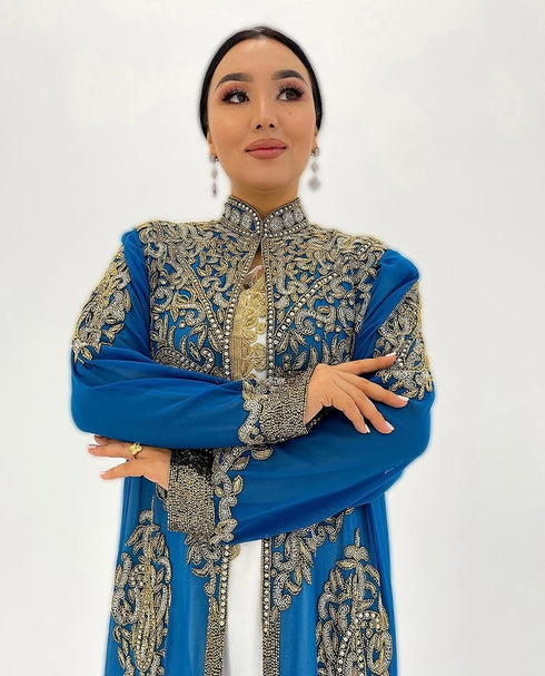 Blue And white Handcrafted Zari work Stitched Georgette Kaftan Party Dress