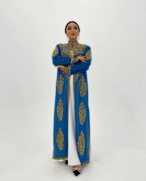 Blue And white Handcrafted Zari work Stitched Georgette Kaftan Party Dress