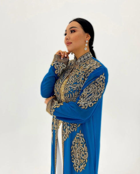 Blue And white Handcrafted Zari work Stitched Georgette Kaftan Party Dress