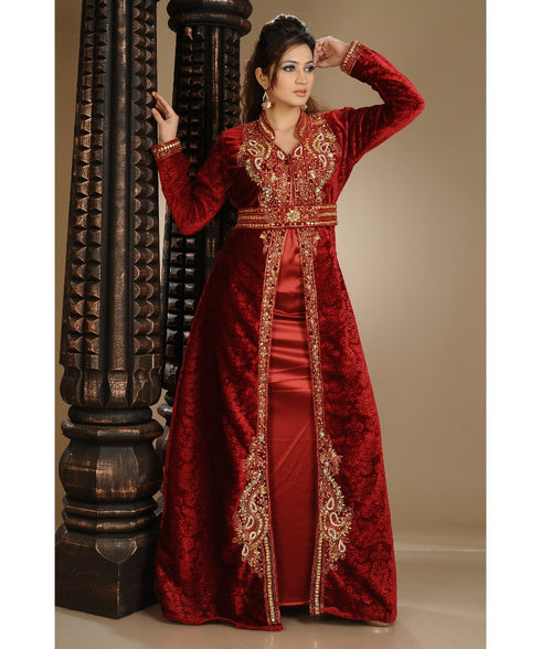 Grand Maroon Velvet Kaftan with Gold Zari Work | Luxurious Layered Event Dress
