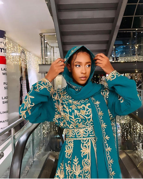 Turquoise Georgette Aari Work Kaftan