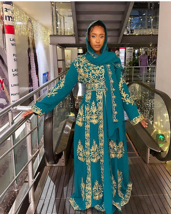Turquoise Georgette Aari Work Kaftan