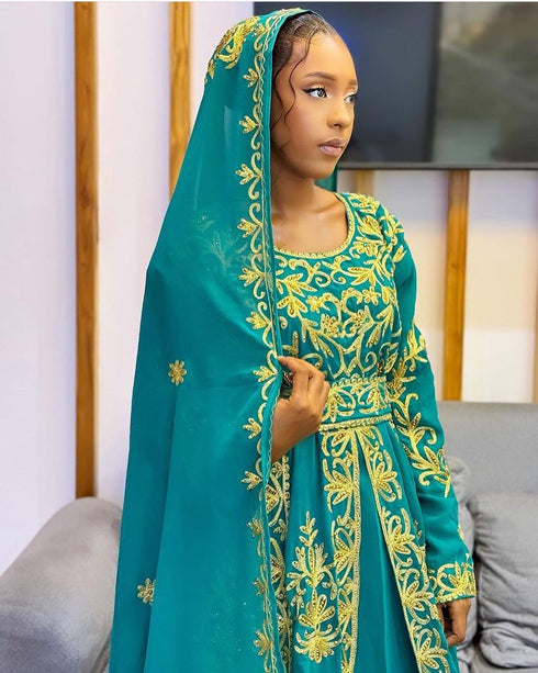 Turquoise Georgette Aari Work Kaftan
