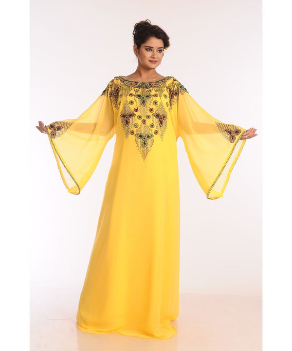 Yellow Georgette Embroidered Zari Work Islamic Kaftans