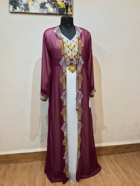 Wine and white luxurious Full Sleeves Moroccan Kaftan With Sun-proof hijab.