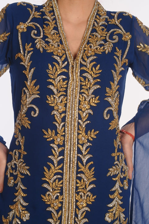 Blue Kaftan Dubai Moroccan Farasha Abaya Maxi Modern Fancy Floor Length Dress