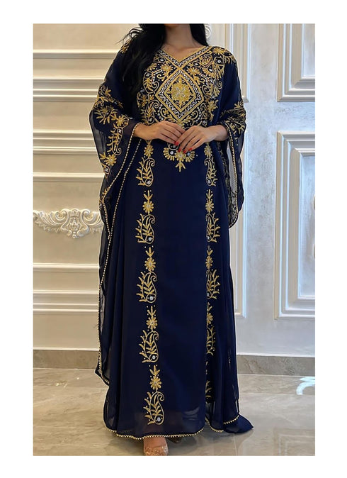 Navy Blue Georgette Aari Work Wedding Kaftan