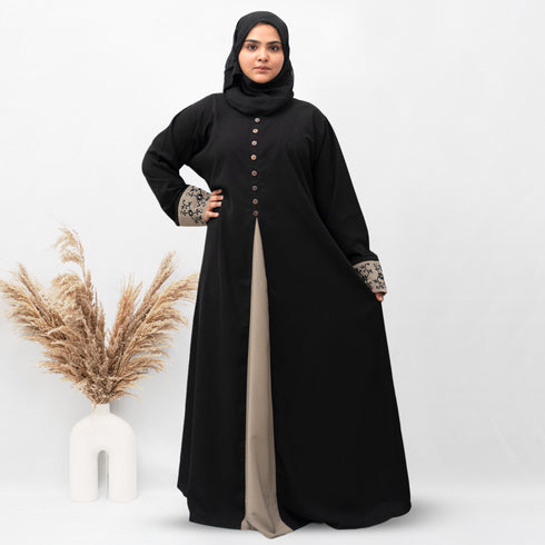 A-line Cuff Embroidery with 10 Button Abaya in Black Color With Hijab