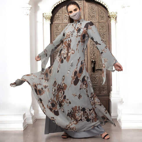 Designer printed floral modest dress with umbrella flare