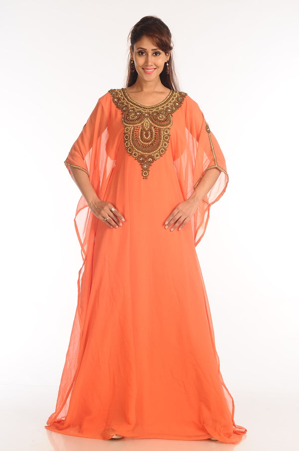 Tomato Georgette Kaftan With Zari Work