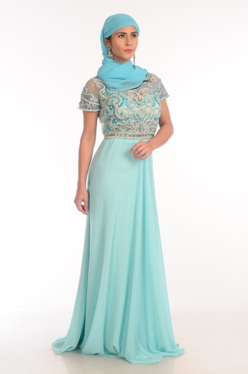 sky blue georgette embroidered zari work islamic kaftans