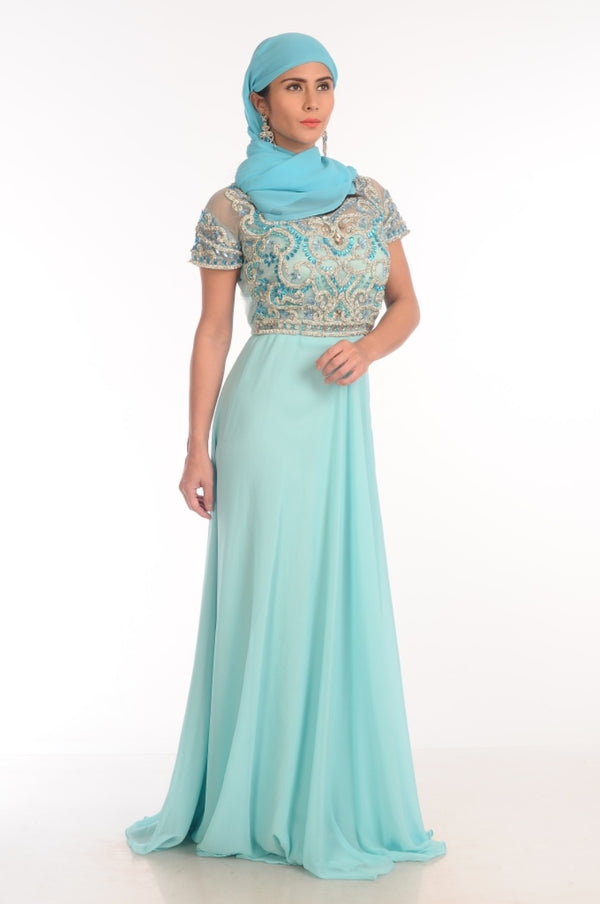 sky blue georgette embroidered zari work islamic kaftans
