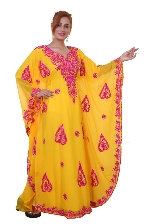 Yellow Aari Work Georgette Islamic Style Beads Embedded Partywear Kaftan Long Gown Evening wear Dubai kaftan