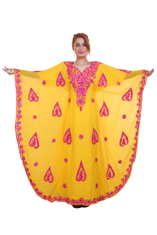 Yellow Aari Work Georgette Islamic Style Beads Embedded Partywear Kaftan Long Gown Evening wear Dubai kaftan