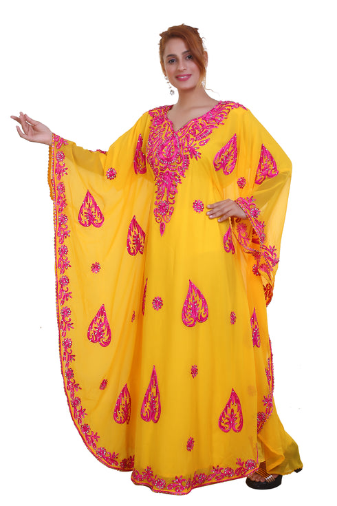 Yellow Aari Work Georgette Islamic Style Beads Embedded Partywear Kaftan Long Gown Evening wear Dubai kaftan
