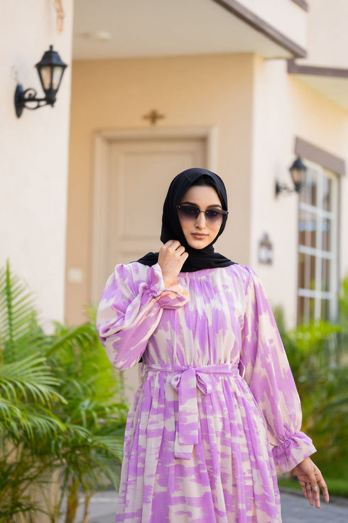 Purple Georgette Abstract Printed Abaya Dress