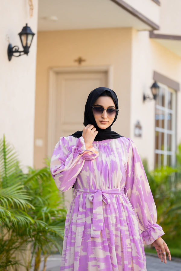 Purple Georgette Abstract Printed Abaya Dress
