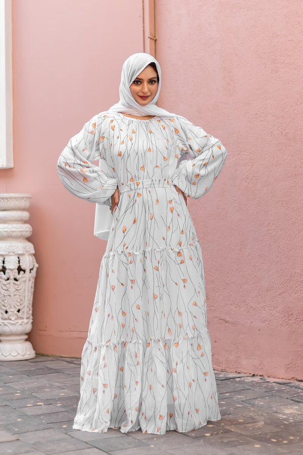 White GEORGETTE PRINTED Abaya Dress