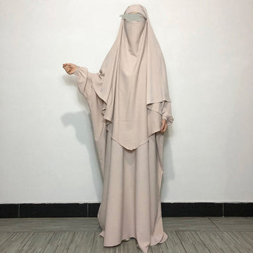 Modest City Casual Abaya and Khimar - Light Beige, Plain Crepe, Full Sleeve