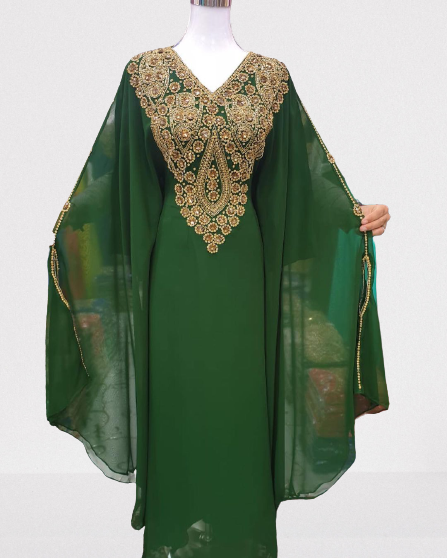 Green Georgette Stone Work Embroidered Kaftan Dress