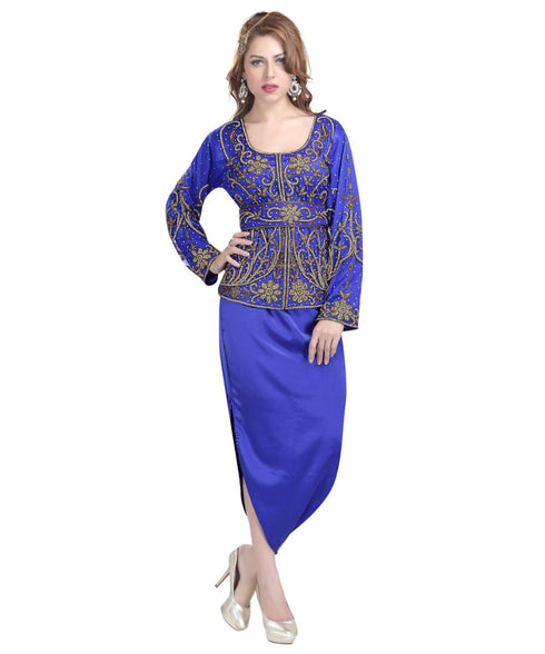 royal blue satin embroidered zari work islamic kaftans