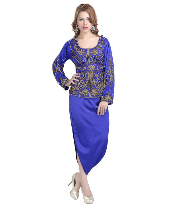 royal blue satin embroidered zari work islamic kaftans