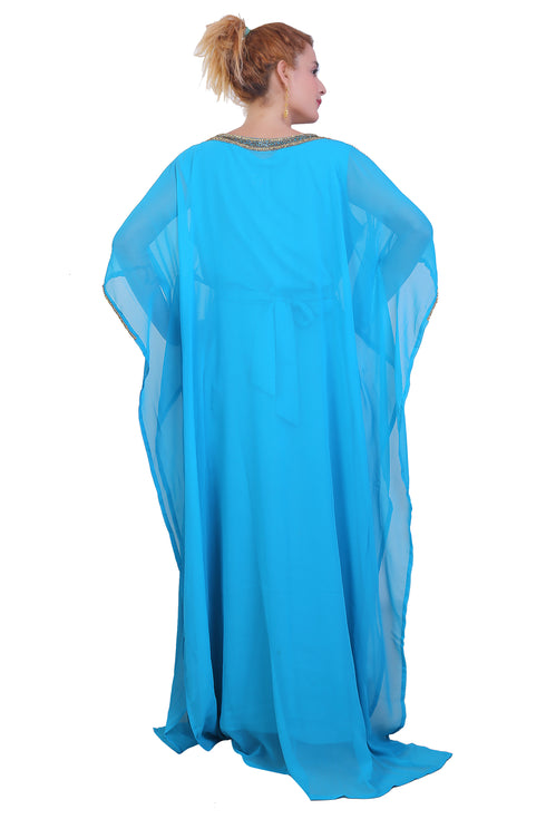 Blue/ferozi Zari Stone Work Georgette Islamic Style Beads Embedded Partywear Kaftan Long Gown Evening wear Dubai kaftan