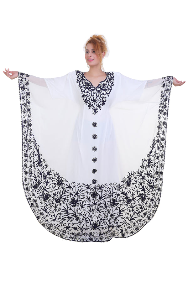 White Ari Work Georgette Islamic Style Stone Embedded Partywear Kaftan Long Gown Evening wear Dubai kaftan