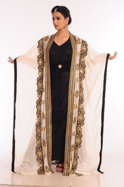 Cream and White Georgette Embroidered Jacket and Inner