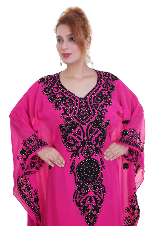 Rani Pink Aari Stone Work Georgette Islamic Style Beads Embedded Partywear Kaftan Long Gown Evening wear Dubai kaftan