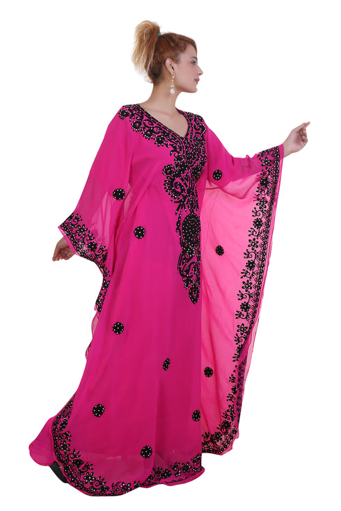 Rani Pink Aari Stone Work Georgette Islamic Style Beads Embedded Partywear Kaftan Long Gown Evening wear Dubai kaftan