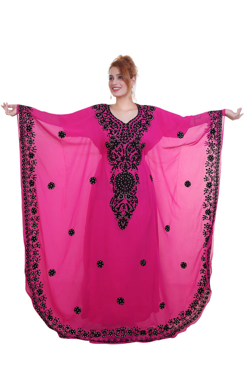 Rani Pink Aari Stone Work Georgette Islamic Style Beads Embedded Partywear Kaftan Long Gown Evening wear Dubai kaftan