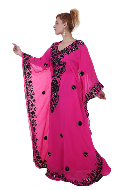 Rani Pink Aari Stone Work Georgette Islamic Style Beads Embedded Partywear Kaftan Long Gown Evening wear Dubai kaftan