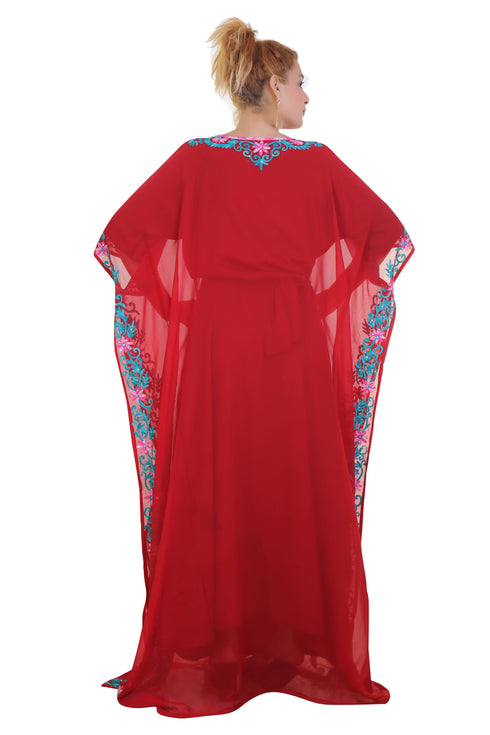 Red Aari Stone Work Georgette Islamic Style Beads Embedded Partywear Kaftan Long Gown Evening wear Dubai kaftan